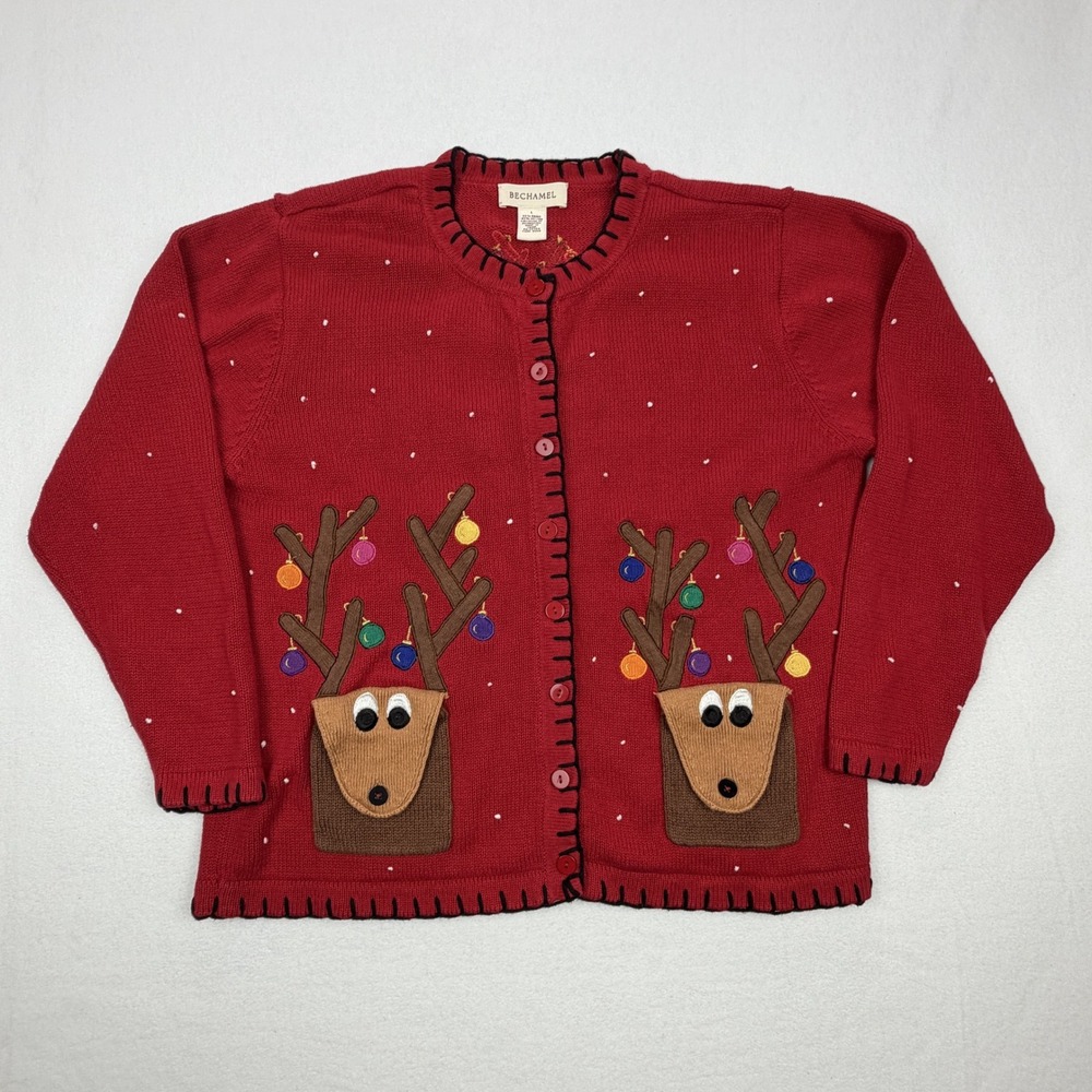 Vintage Bechamel Red Reindeer Christmas Sweater Cardigan Womens Large Festive